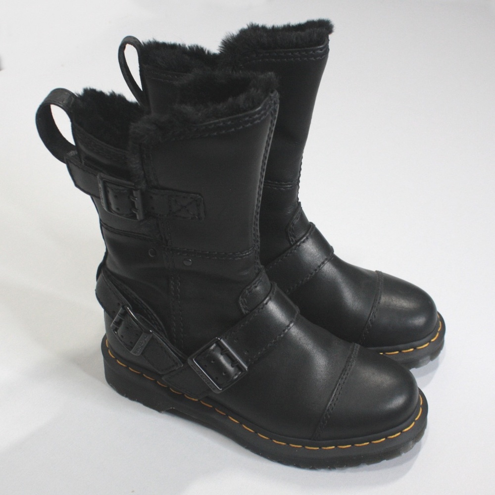 DR MARTENS KRISTY Combat Moto MID BOOTS Lined Faux Fur Winter Women's sz 7 Shoes
